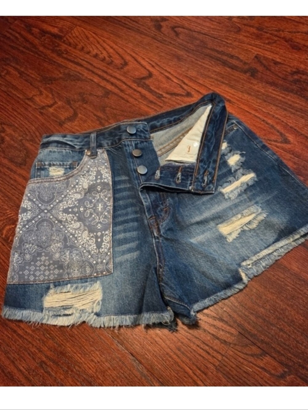 Easel Dark Wash Jean Shorts Distressed High-Waisted With Patch Pocket